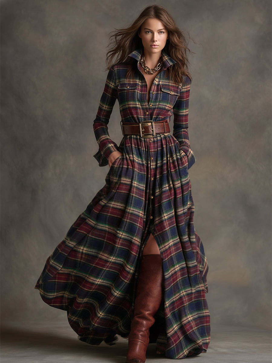 Herbst Maxikleid Damen mit Karomuster