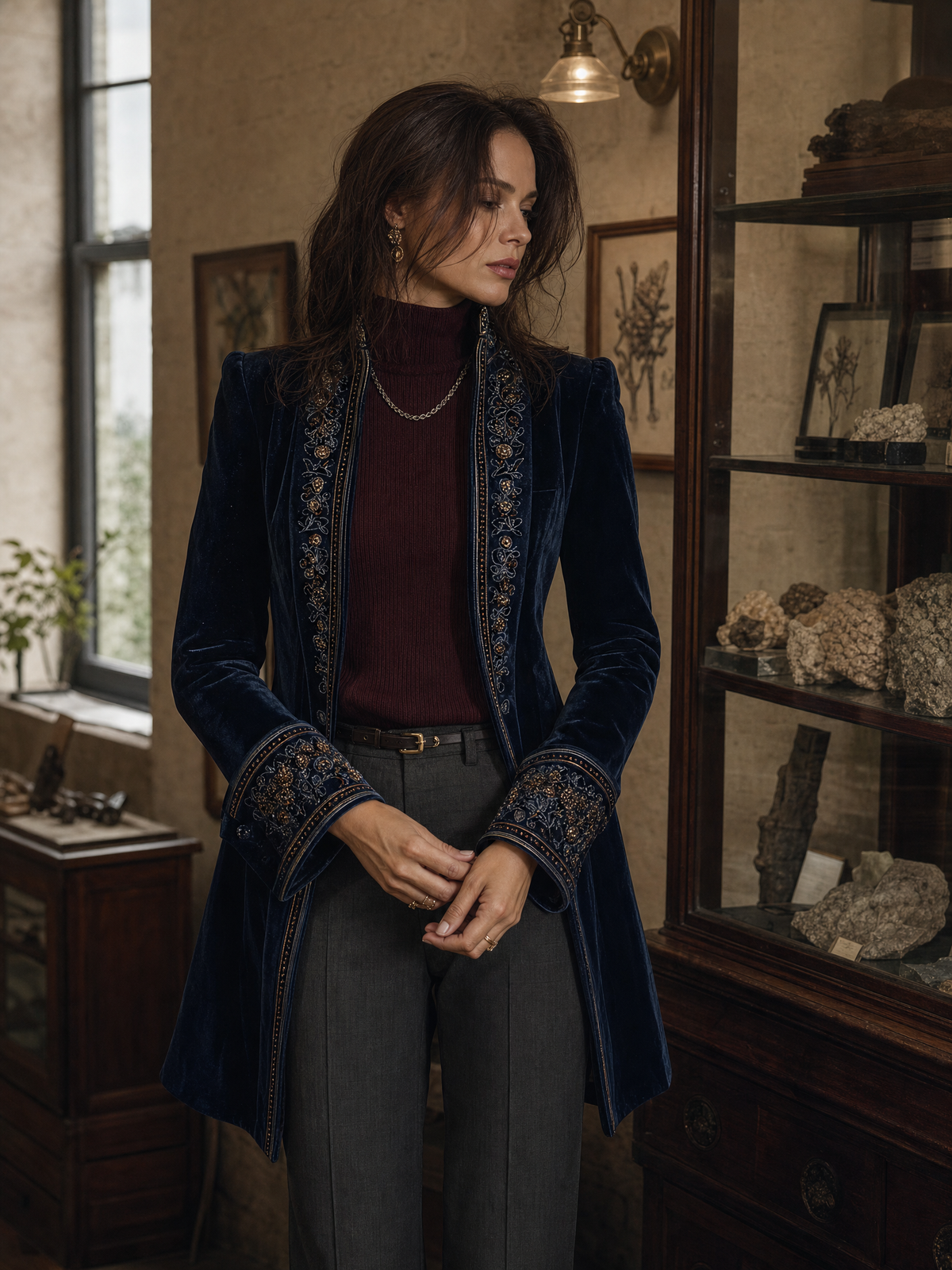 Samtjacke Damen mit Blumenstickerei