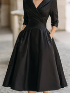 Glänzendes Satin Midikleid Damen mit Wasserfallkragen