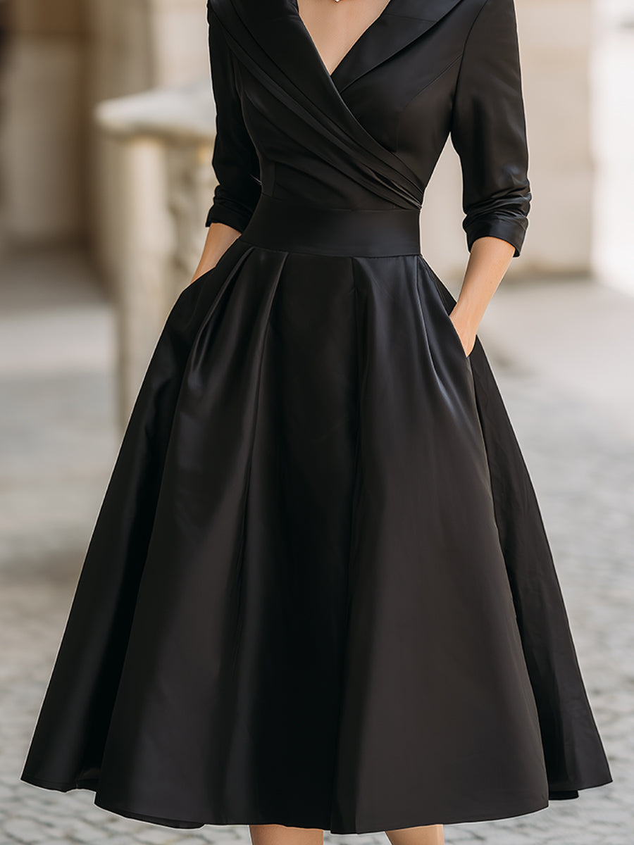 Glänzendes Satin Midikleid Damen mit Wasserfallkragen