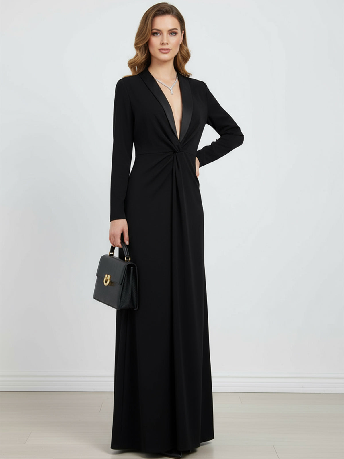 Herbst Maxikleid Damen mit tiefem V-Ausschnitt