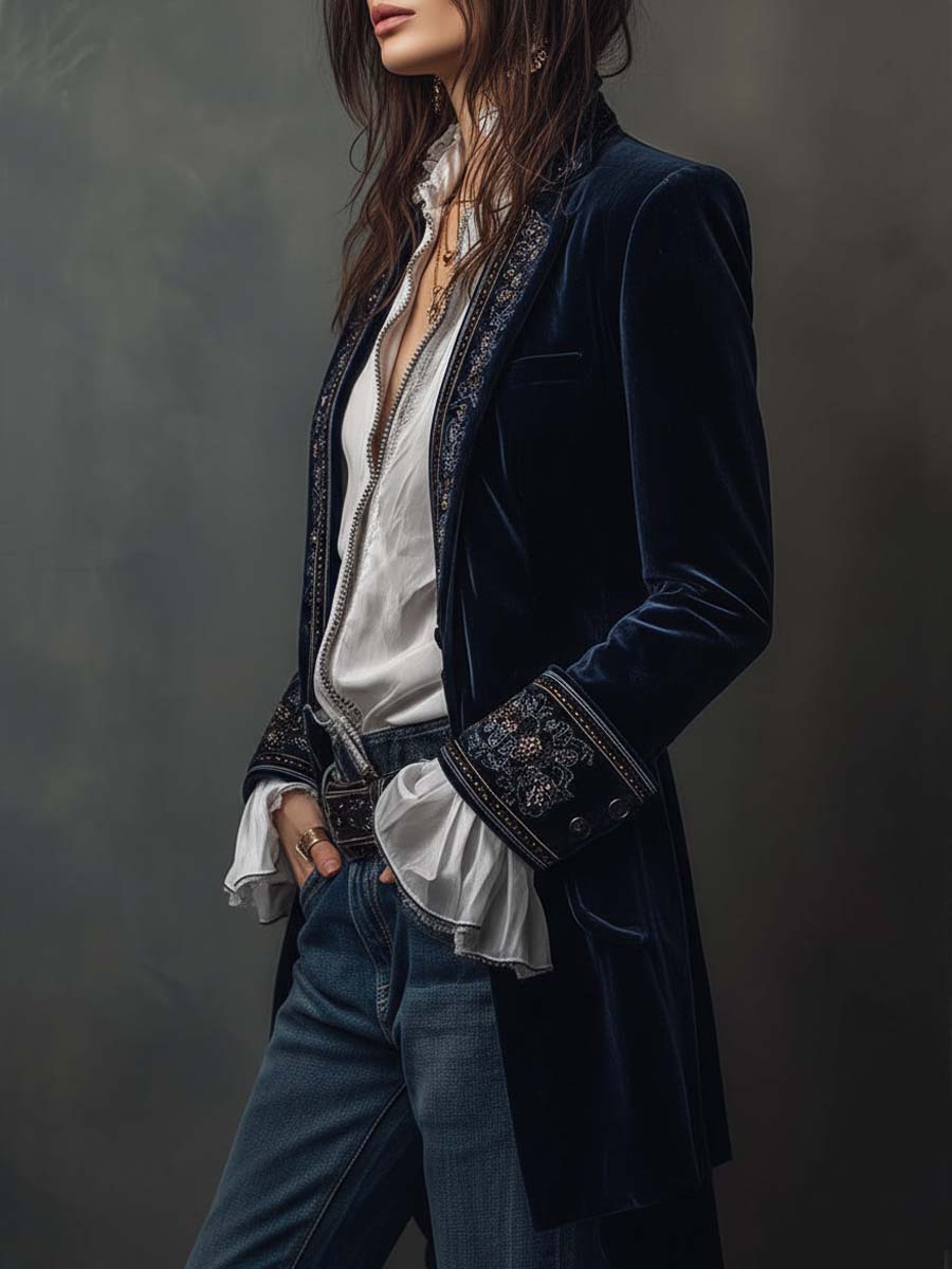Samtjacke Damen mit Blumenstickerei