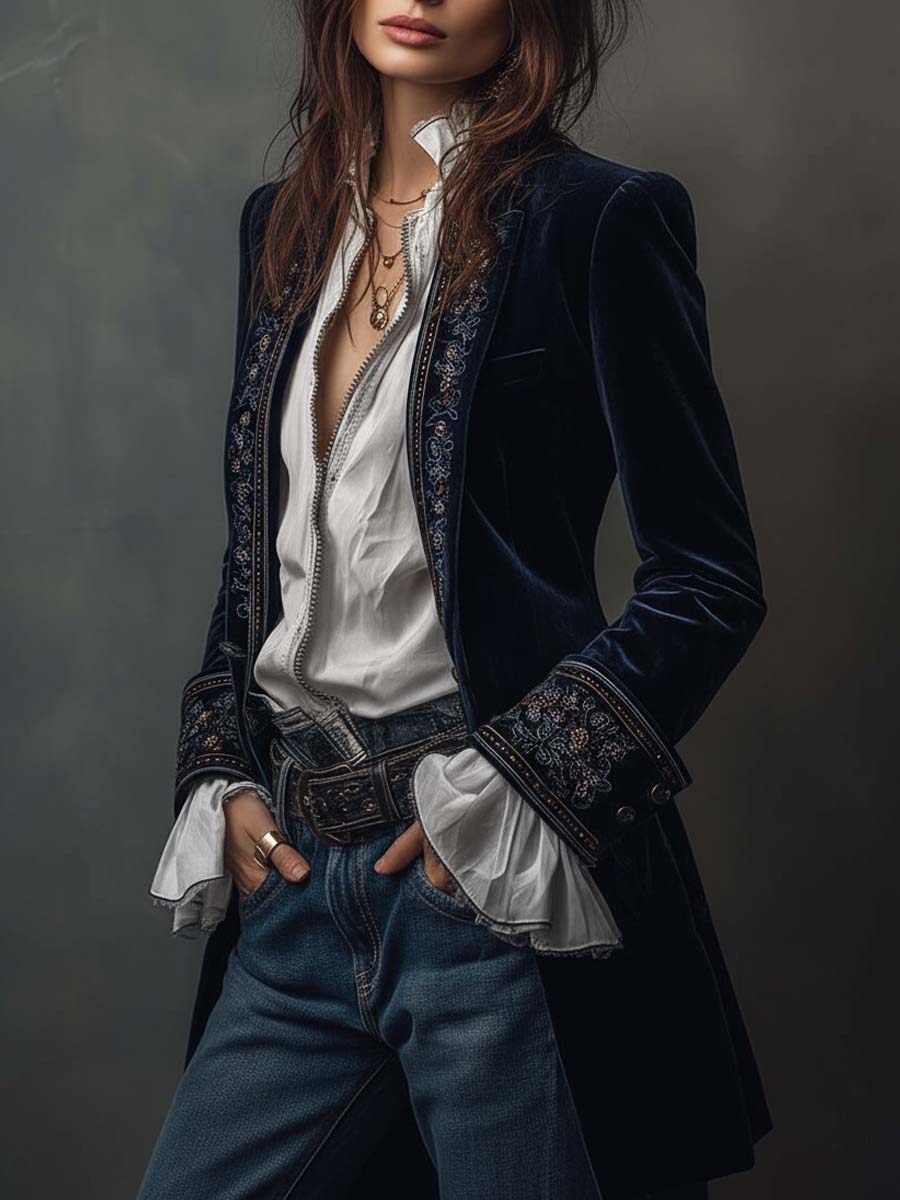 Samtjacke Damen mit Blumenstickerei