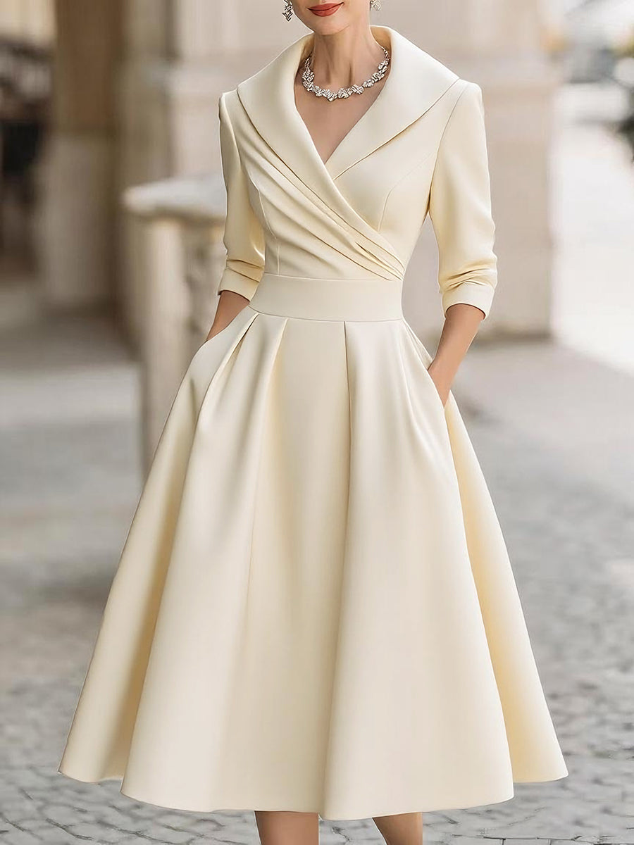 Glänzendes Satin Midikleid Damen mit Wasserfallkragen