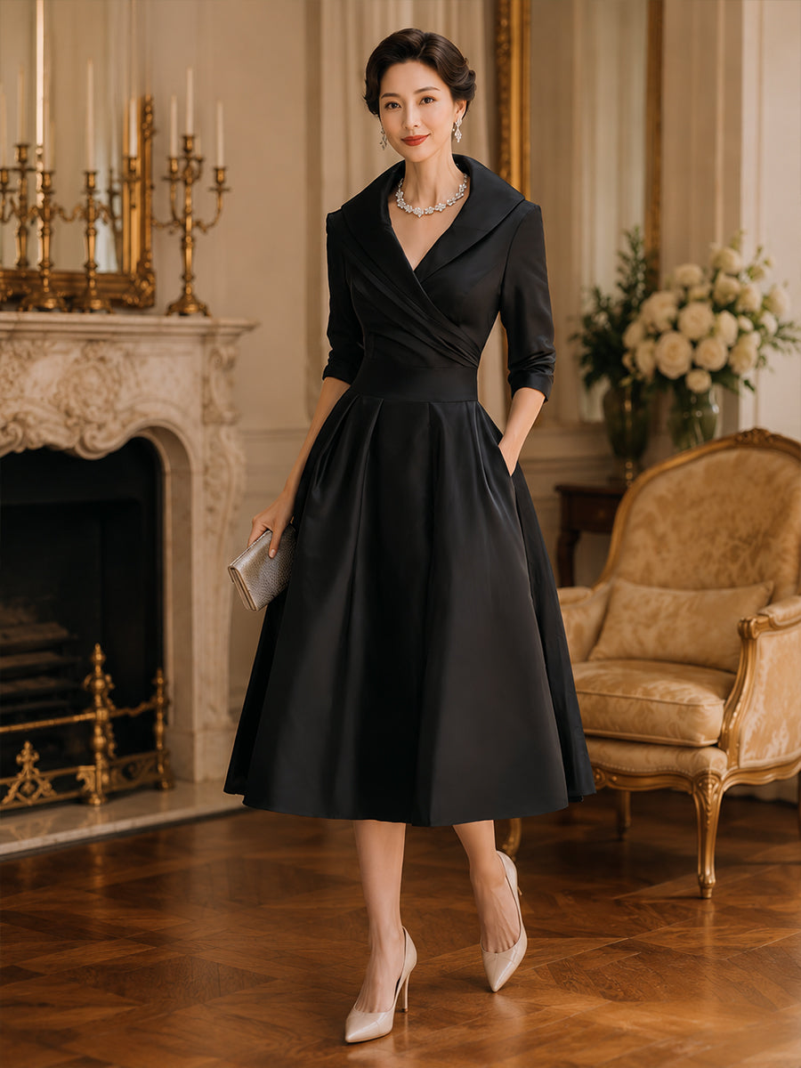 Glänzendes Satin Midikleid Damen mit Wasserfallkragen