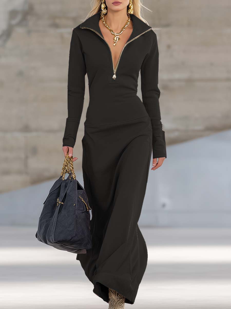 Herbst Maxikleid Damen mit Frontreißverschluss