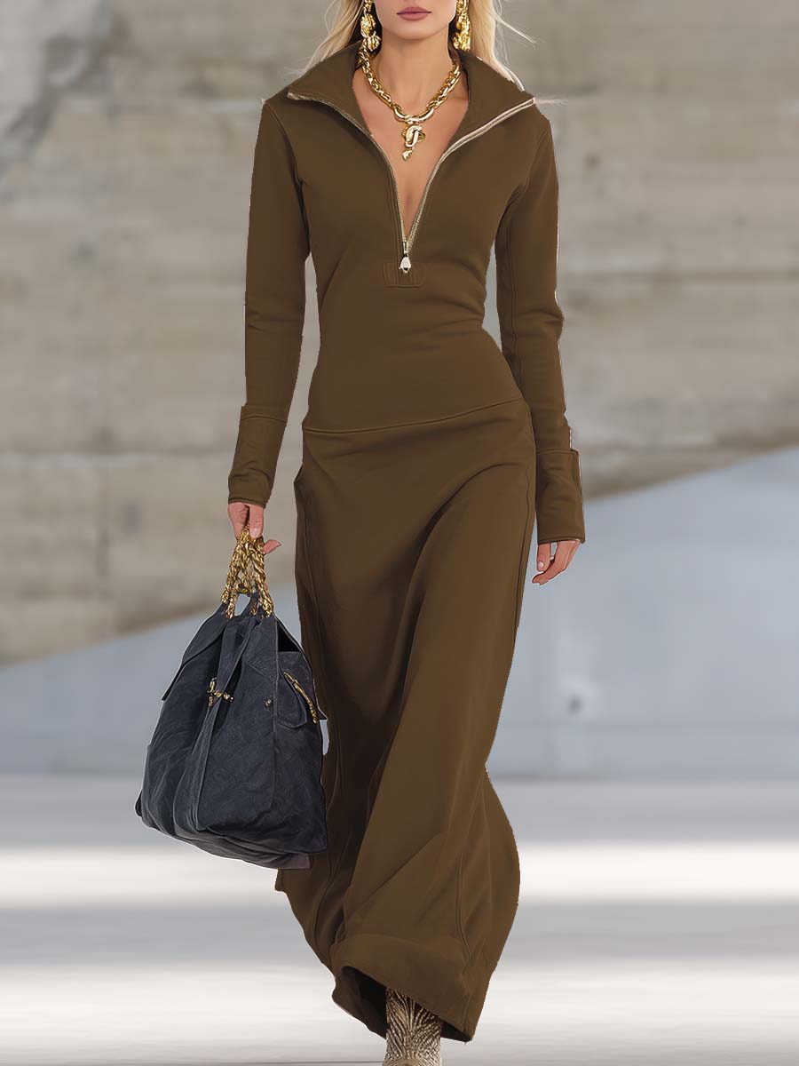 Herbst Maxikleid Damen mit Frontreißverschluss