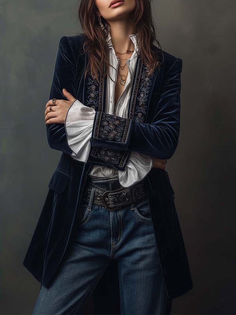 Samtjacke Damen mit Blumenstickerei