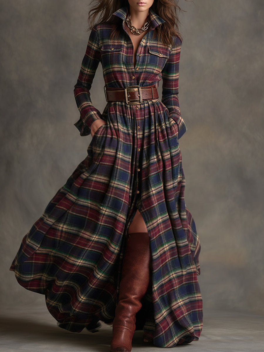 Herbst Maxikleid Damen mit Karomuster