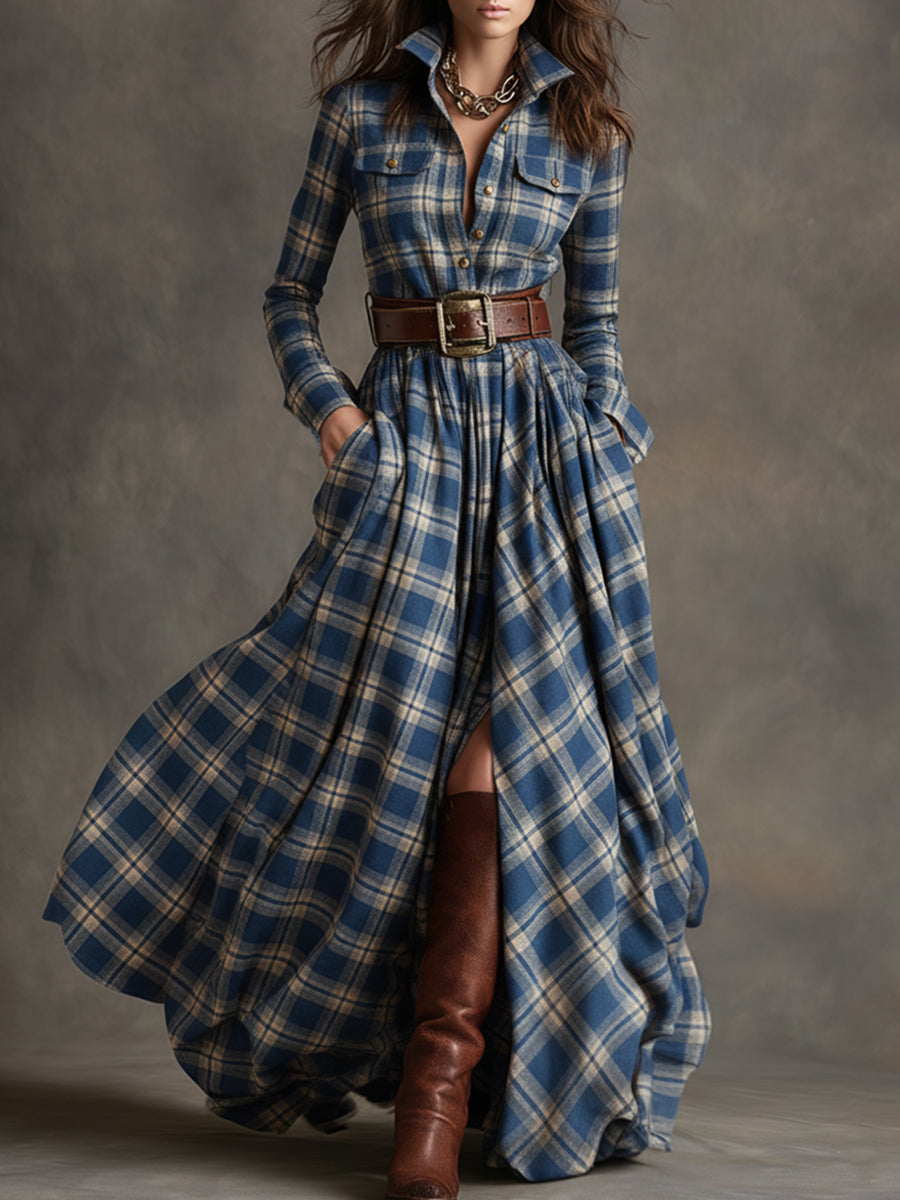 Herbst Maxikleid Damen mit Karomuster