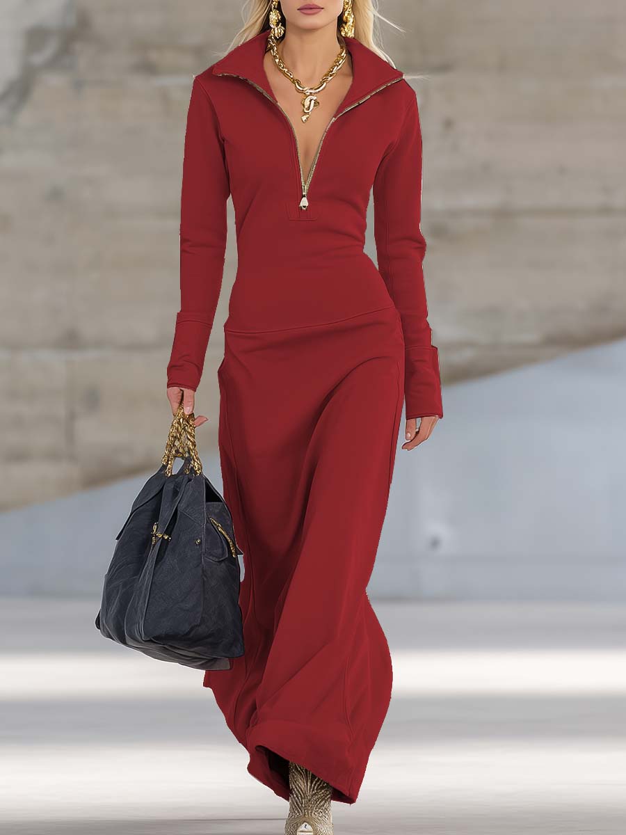 Herbst Maxikleid Damen mit Frontreißverschluss