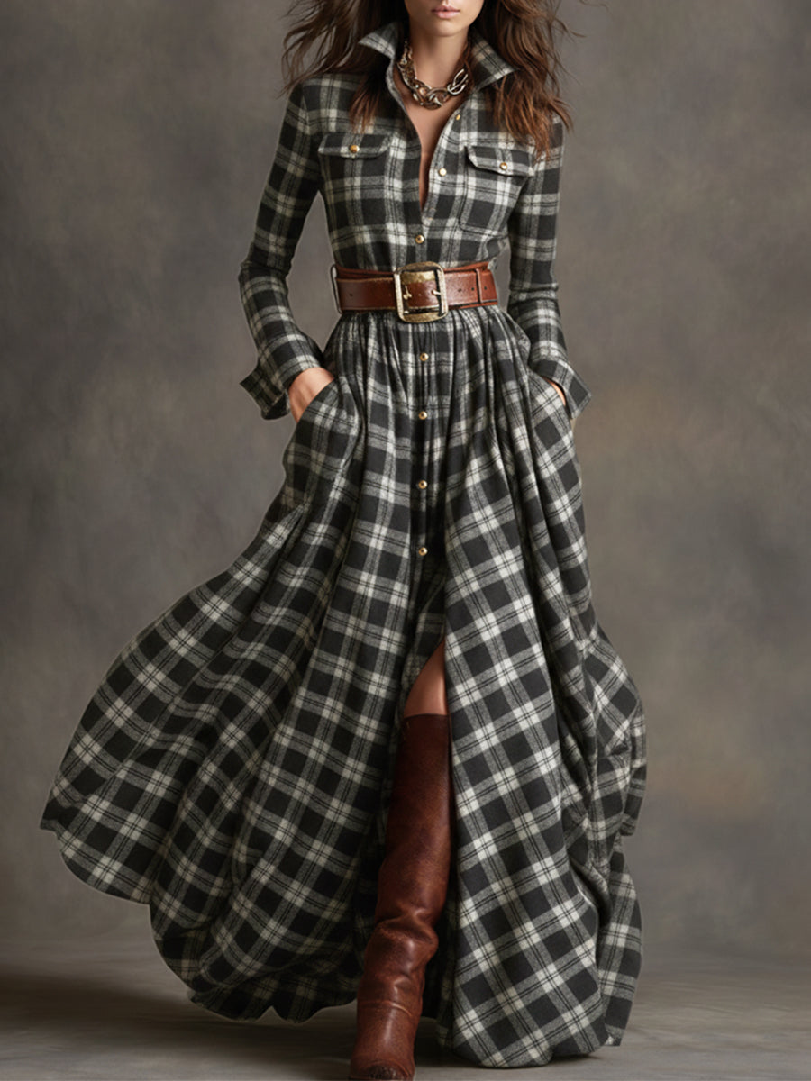 Herbst Maxikleid Damen mit Karomuster