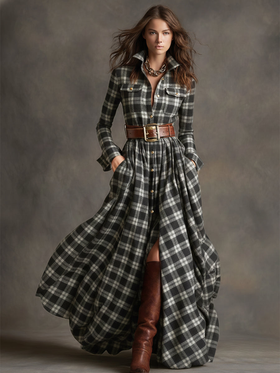 Herbst Maxikleid Damen mit Karomuster