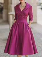 Glänzendes Satin Midikleid Damen mit Wasserfallkragen