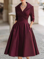 Glänzendes Satin Midikleid Damen mit Wasserfallkragen