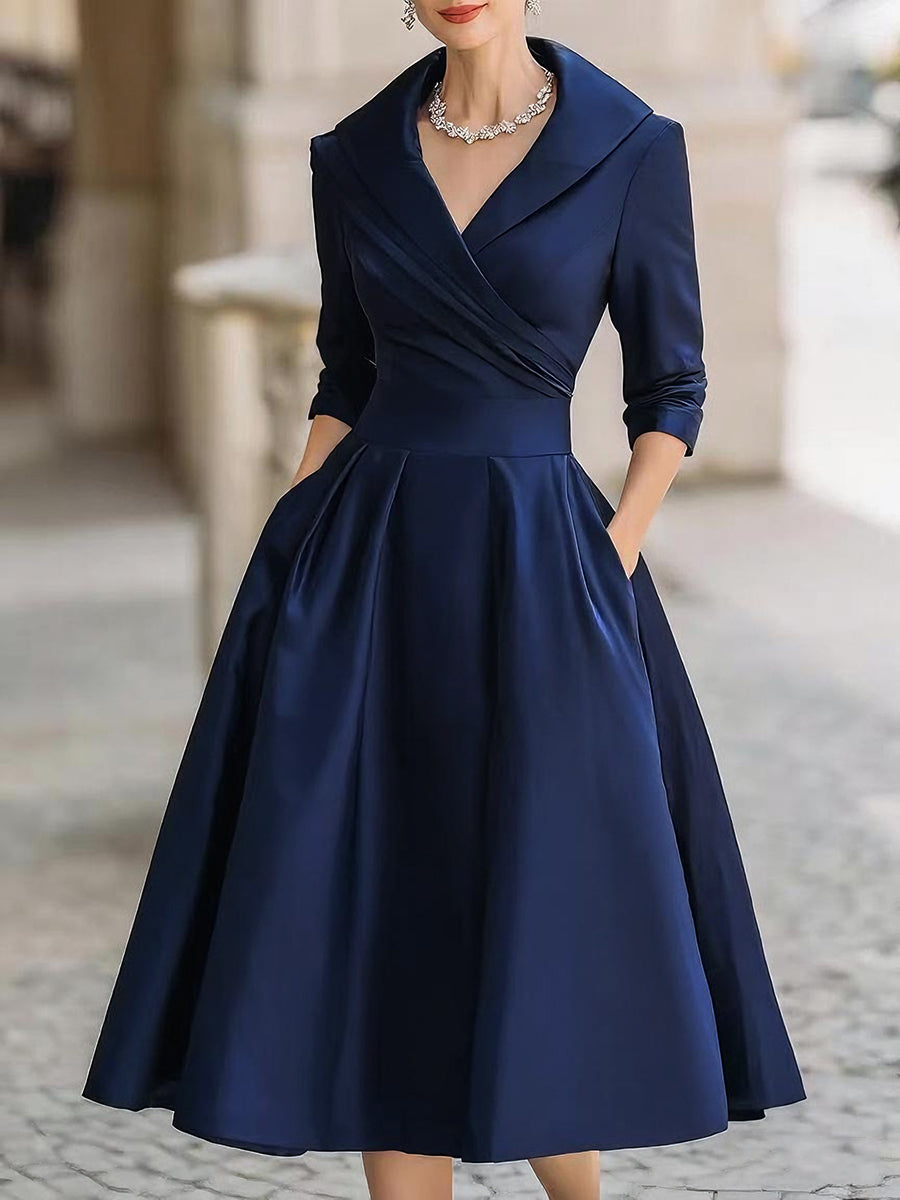 Glänzendes Satin Midikleid Damen mit Wasserfallkragen