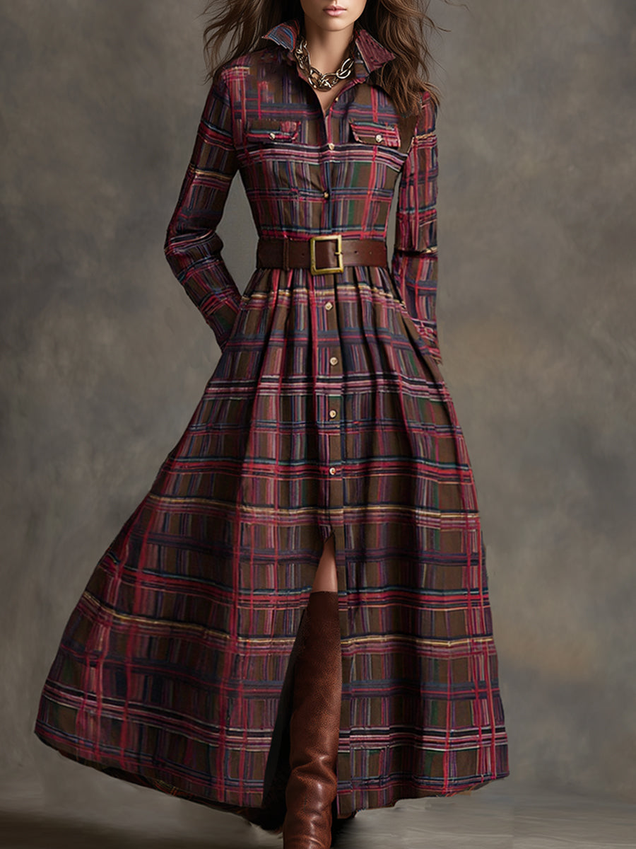 Herbst Maxikleid Damen mit Karomuster