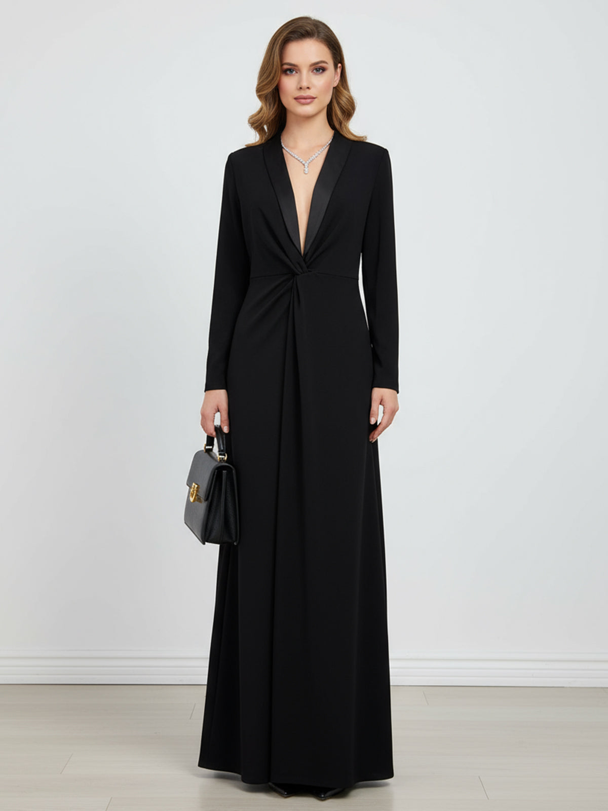 Herbst Maxikleid Damen mit tiefem V-Ausschnitt