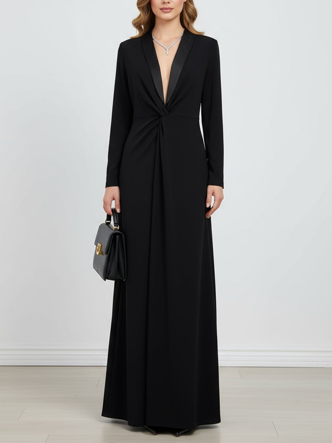 Herbst Maxikleid Damen mit tiefem V-Ausschnitt