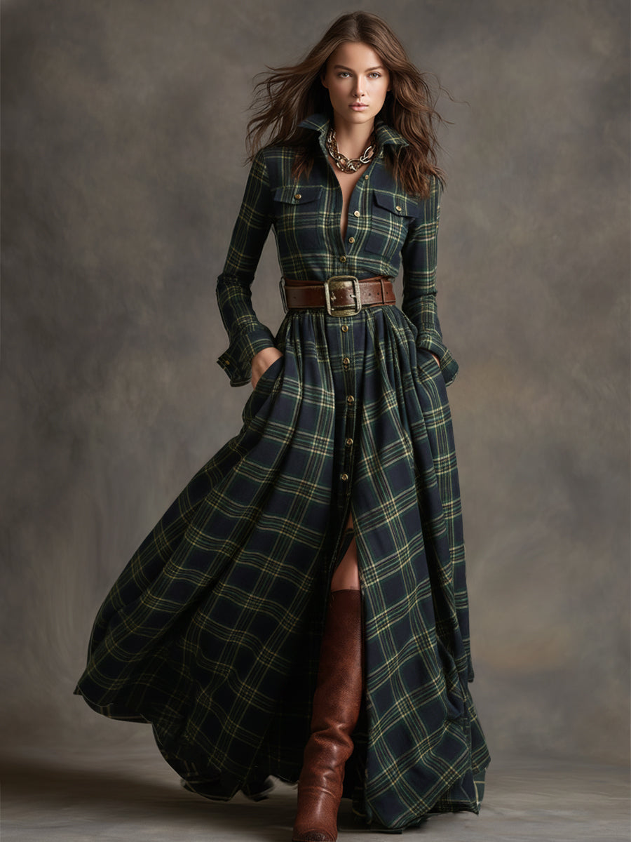 Herbst Maxikleid Damen mit Karomuster