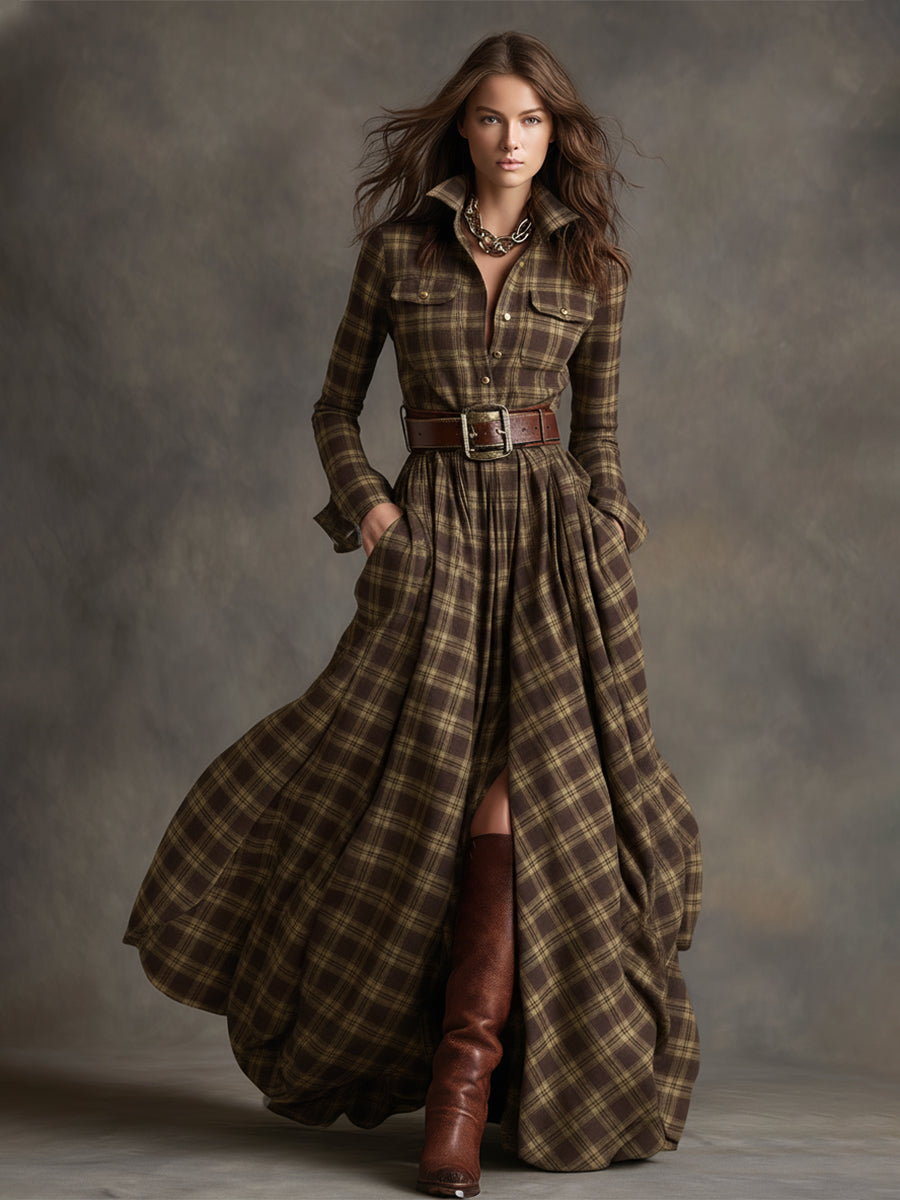 Herbst Maxikleid Damen mit Karomuster