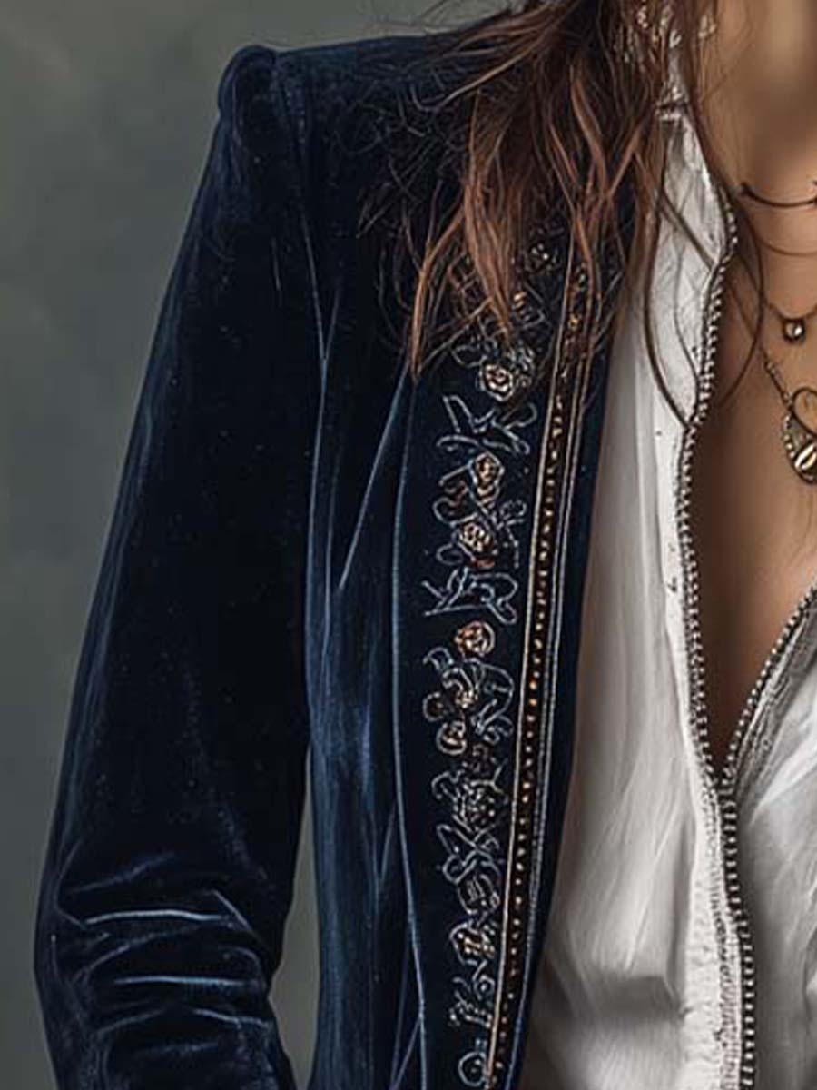 Samtjacke Damen mit Blumenstickerei