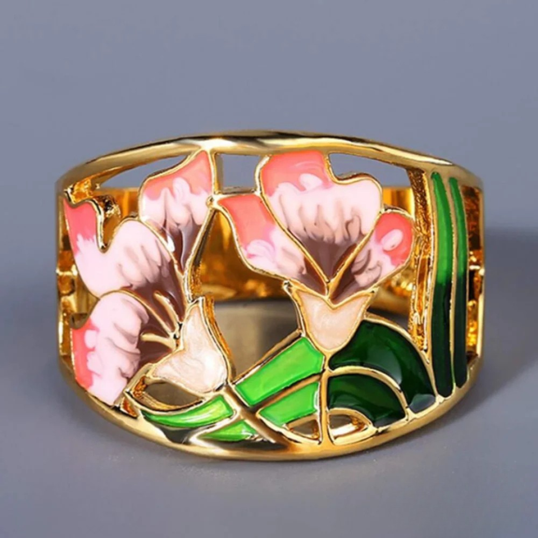 Eleganter Floraler Gold Emaille Ring