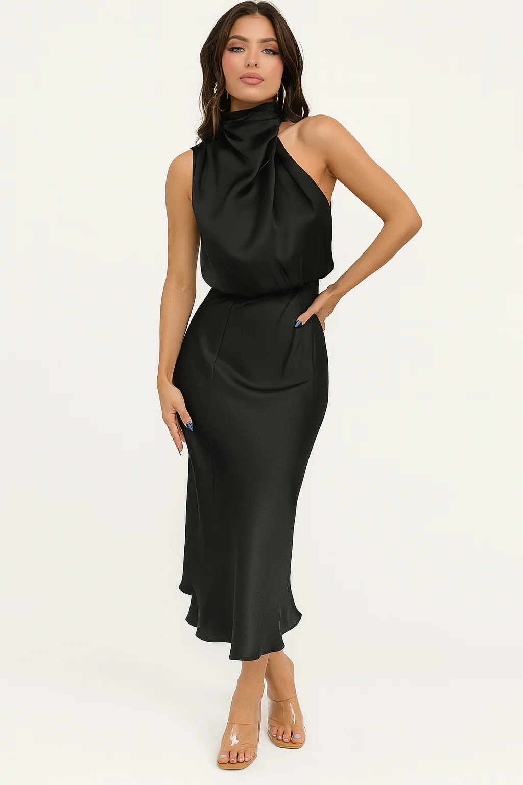 Benthe – Satin-Midikleid mit One-Shoulder-Ausschnitt