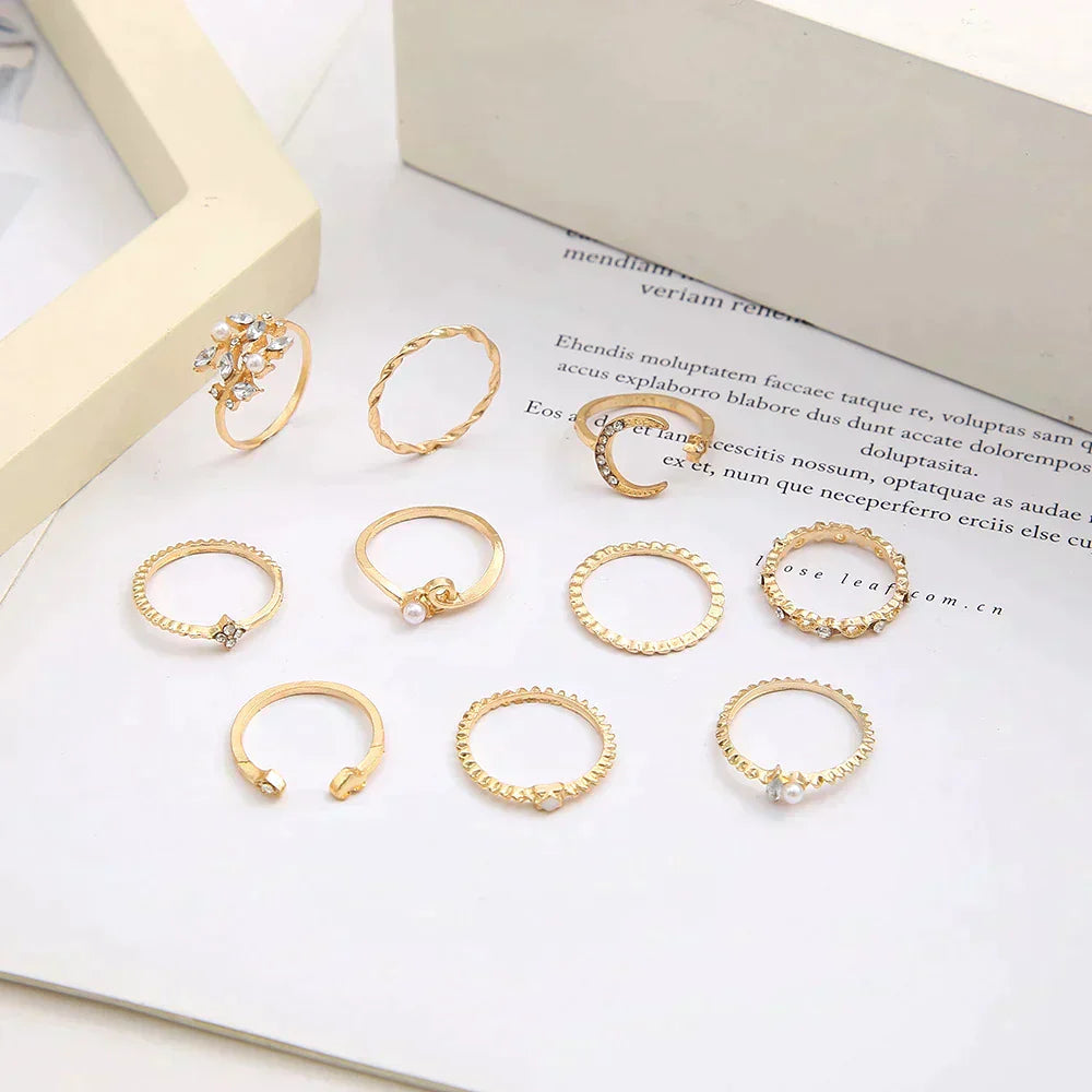 10-Teiliges Böhmisches Ringset In Silber Und Gold