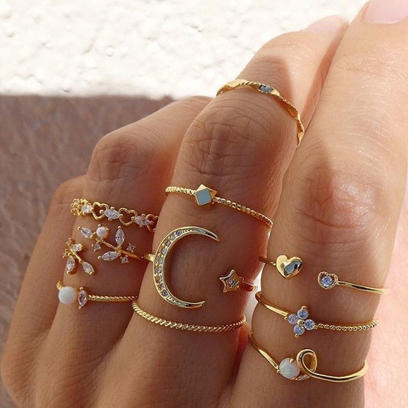 10-Teiliges Böhmisches Ringset In Silber Und Gold