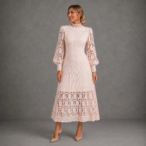 Isla – Damen Spitzen-Midikleid mit Stehkragen