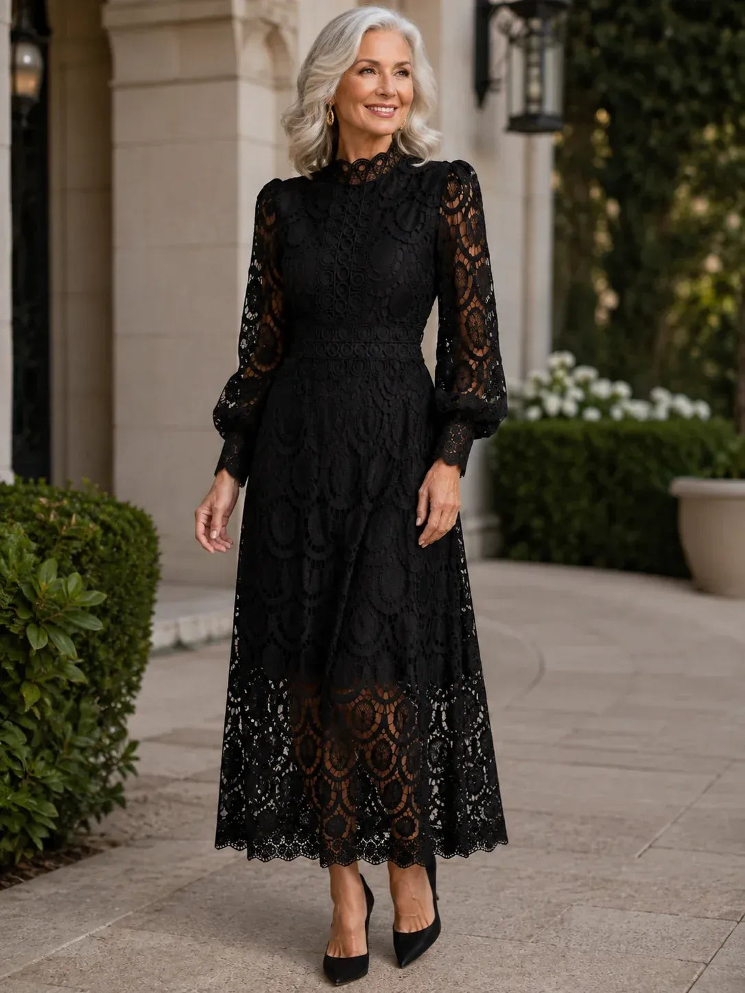 Isla – Damen Spitzen-Midikleid mit Stehkragen