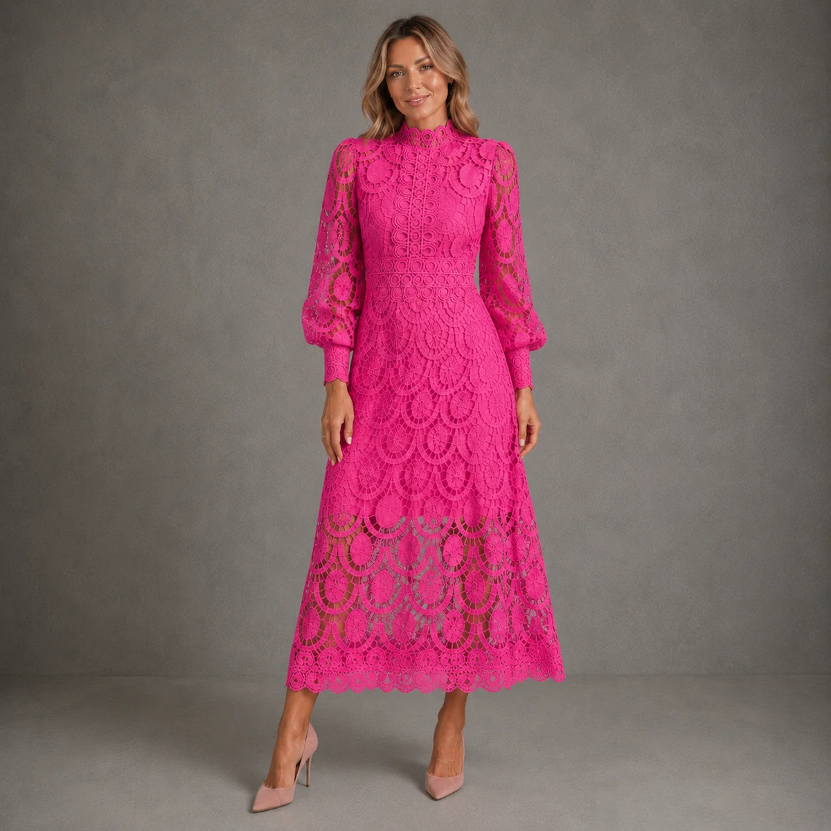 Isla – Damen Spitzen-Midikleid mit Stehkragen