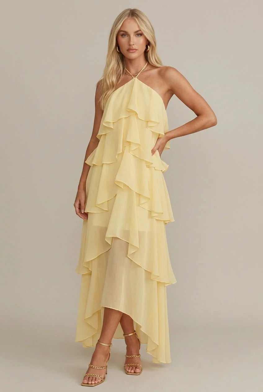 Livia – Geblümtes Neckholder-Maxikleid mit Rüschen