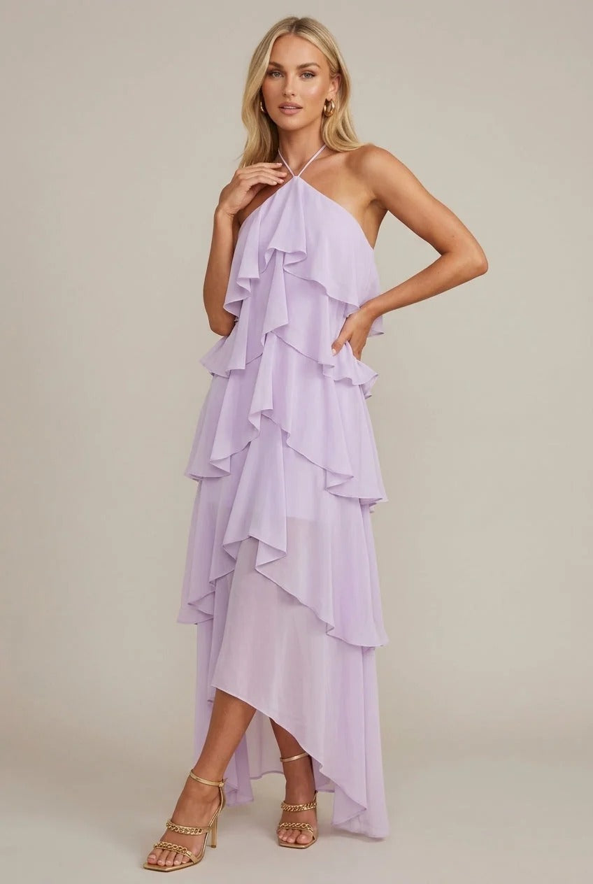 Livia – Geblümtes Neckholder-Maxikleid mit Rüschen