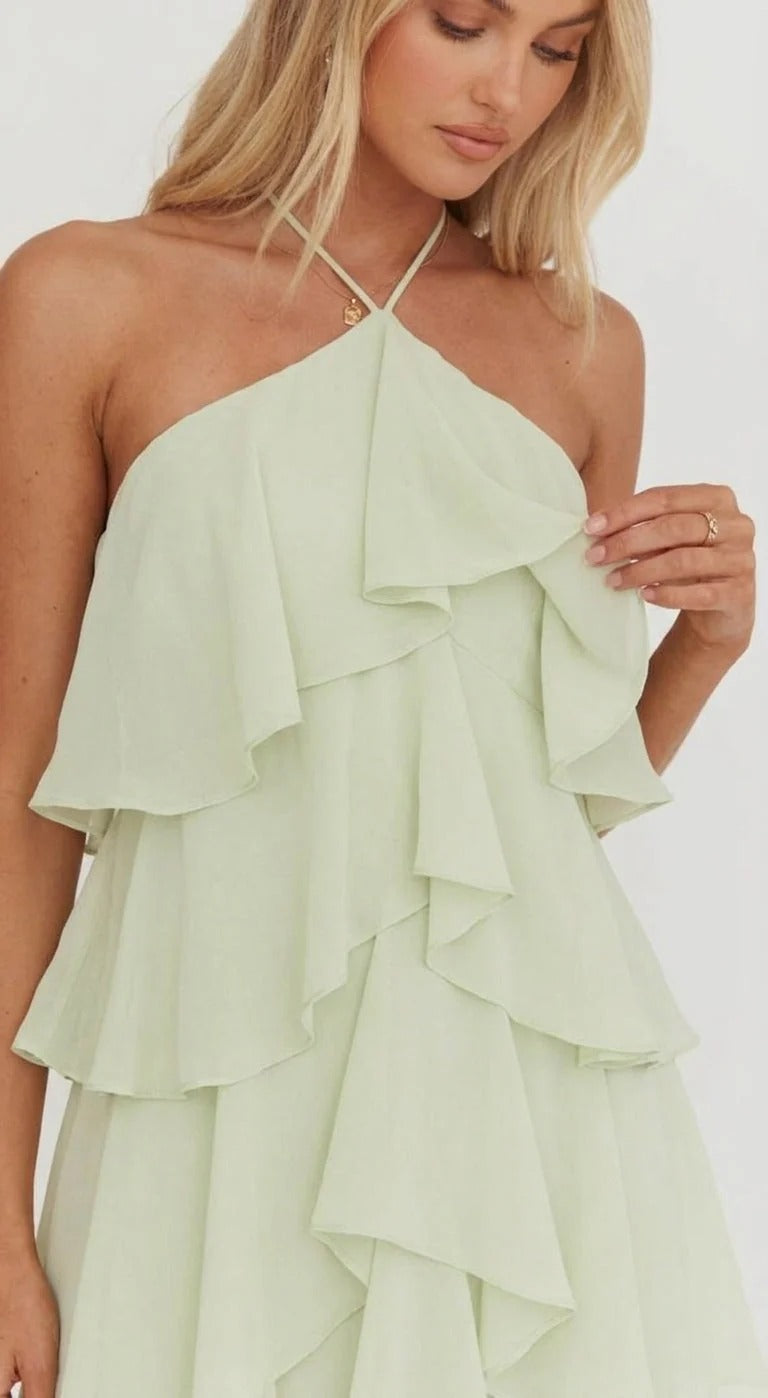 Livia – Geblümtes Neckholder-Maxikleid mit Rüschen