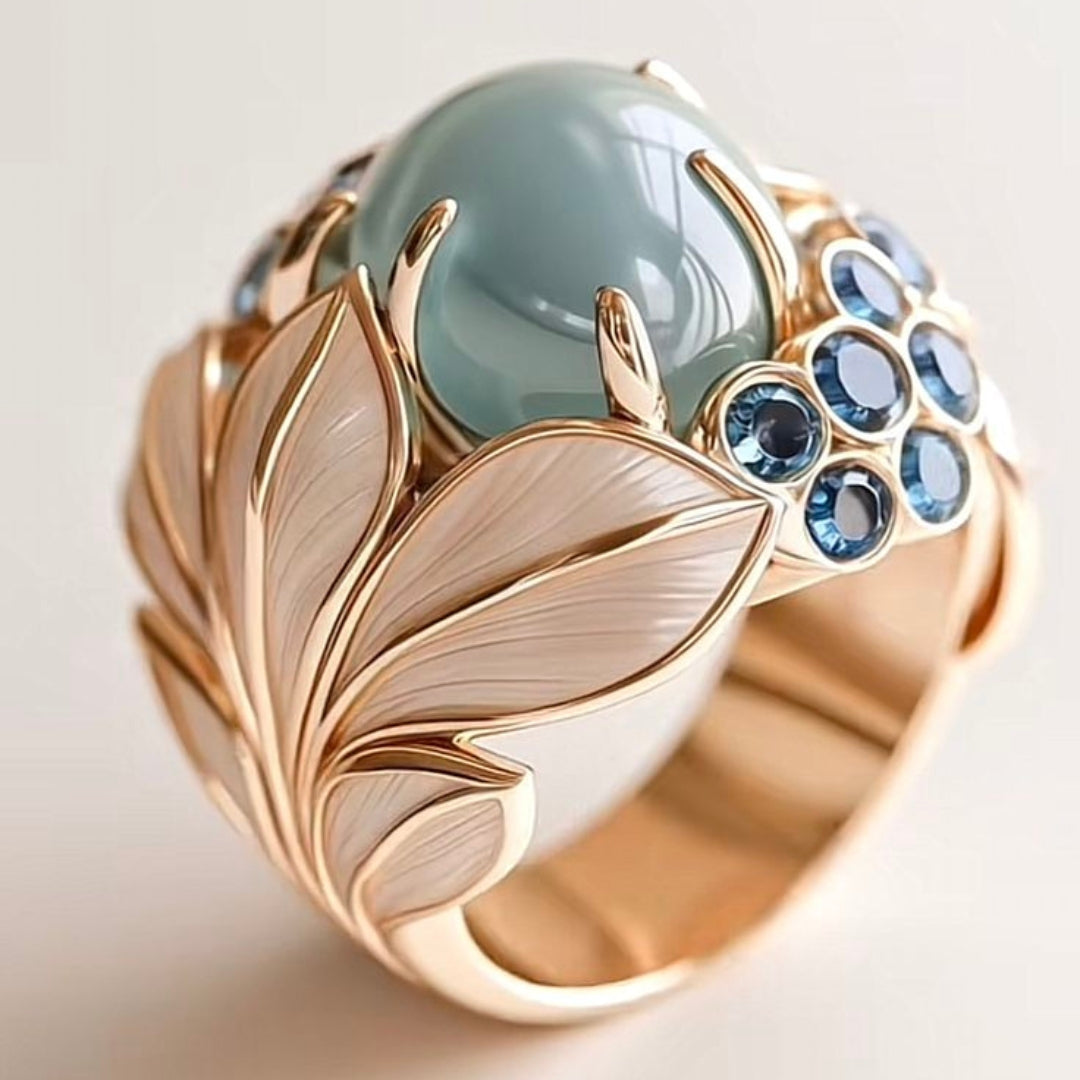 Grünlicher Stein Goldblatt Ring