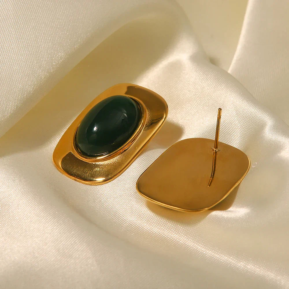 Vintage 18K Vergoldete Grüne Opal Oval Ohrringe
