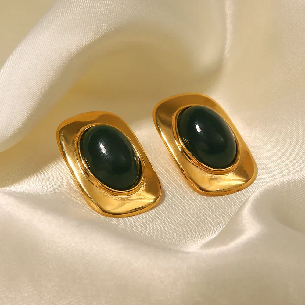 Vintage 18K Vergoldete Grüne Opal Oval Ohrringe