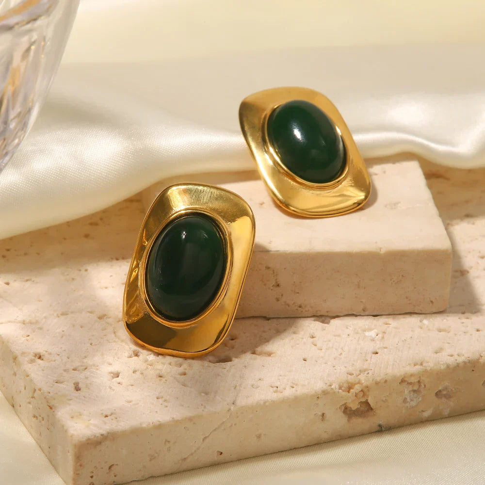 Vintage 18K Vergoldete Grüne Opal Oval Ohrringe
