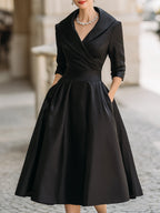 Glänzendes Satin Midikleid Damen mit Wasserfallkragen