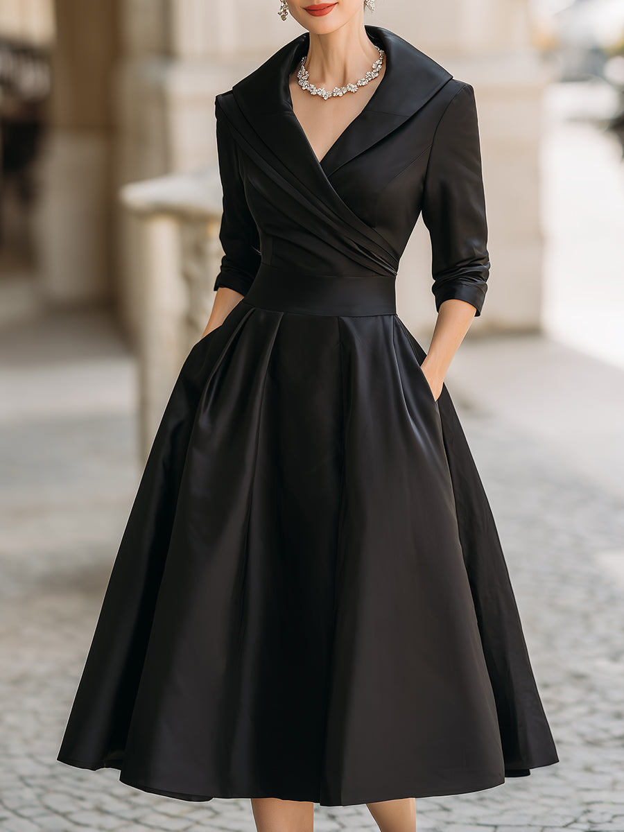 Glänzendes Satin Midikleid Damen mit Wasserfallkragen