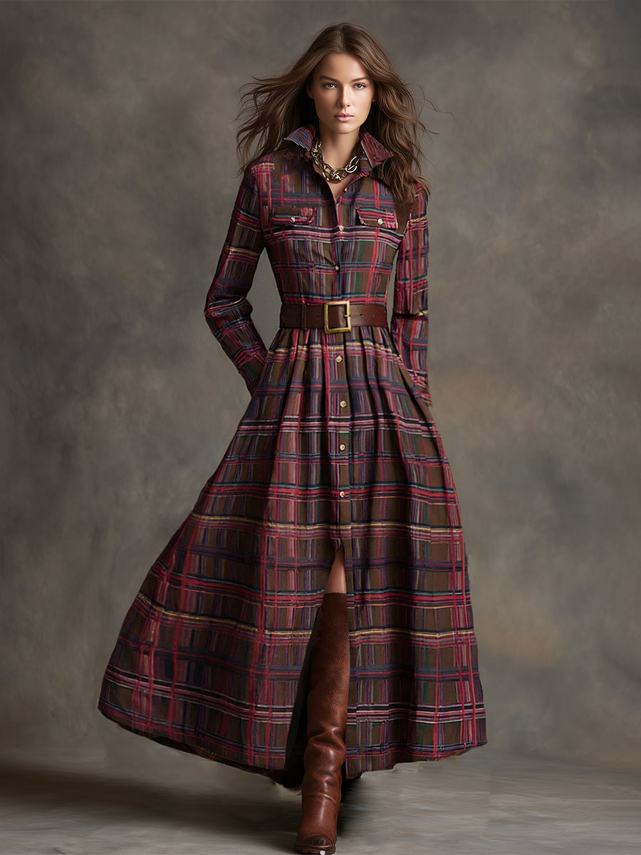 Herbst Maxikleid Damen mit Karomuster