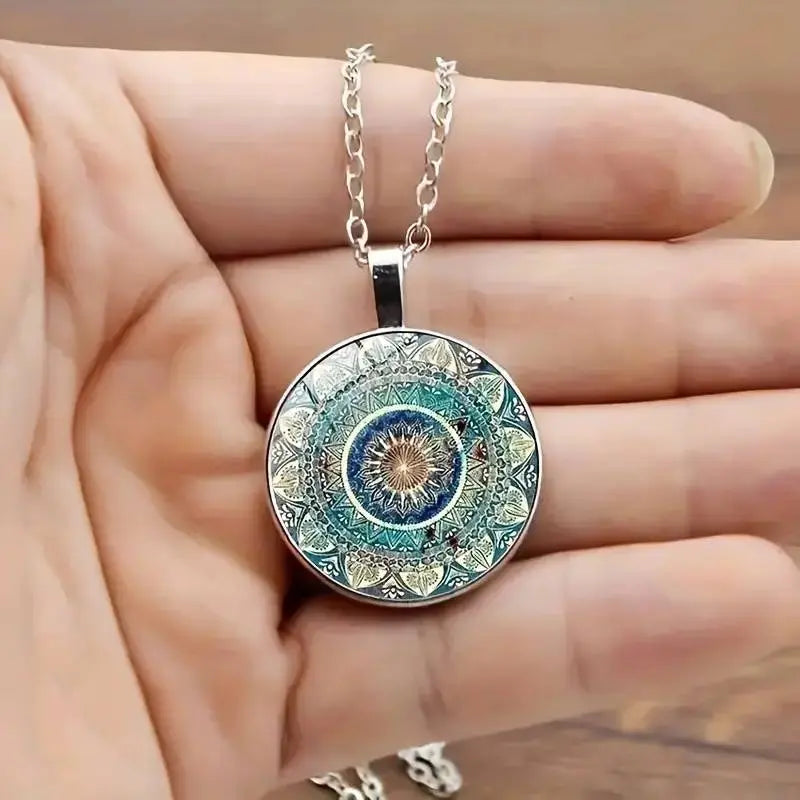 Elegante Runde Blaue Mandala Halskette