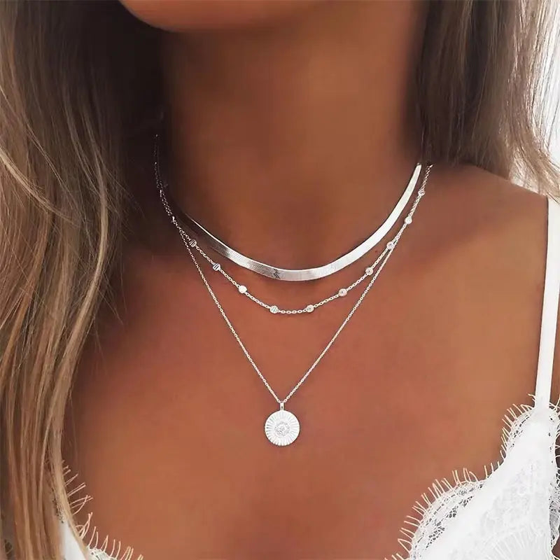 Lagen Silber Choker und Anhänger Halskette Set