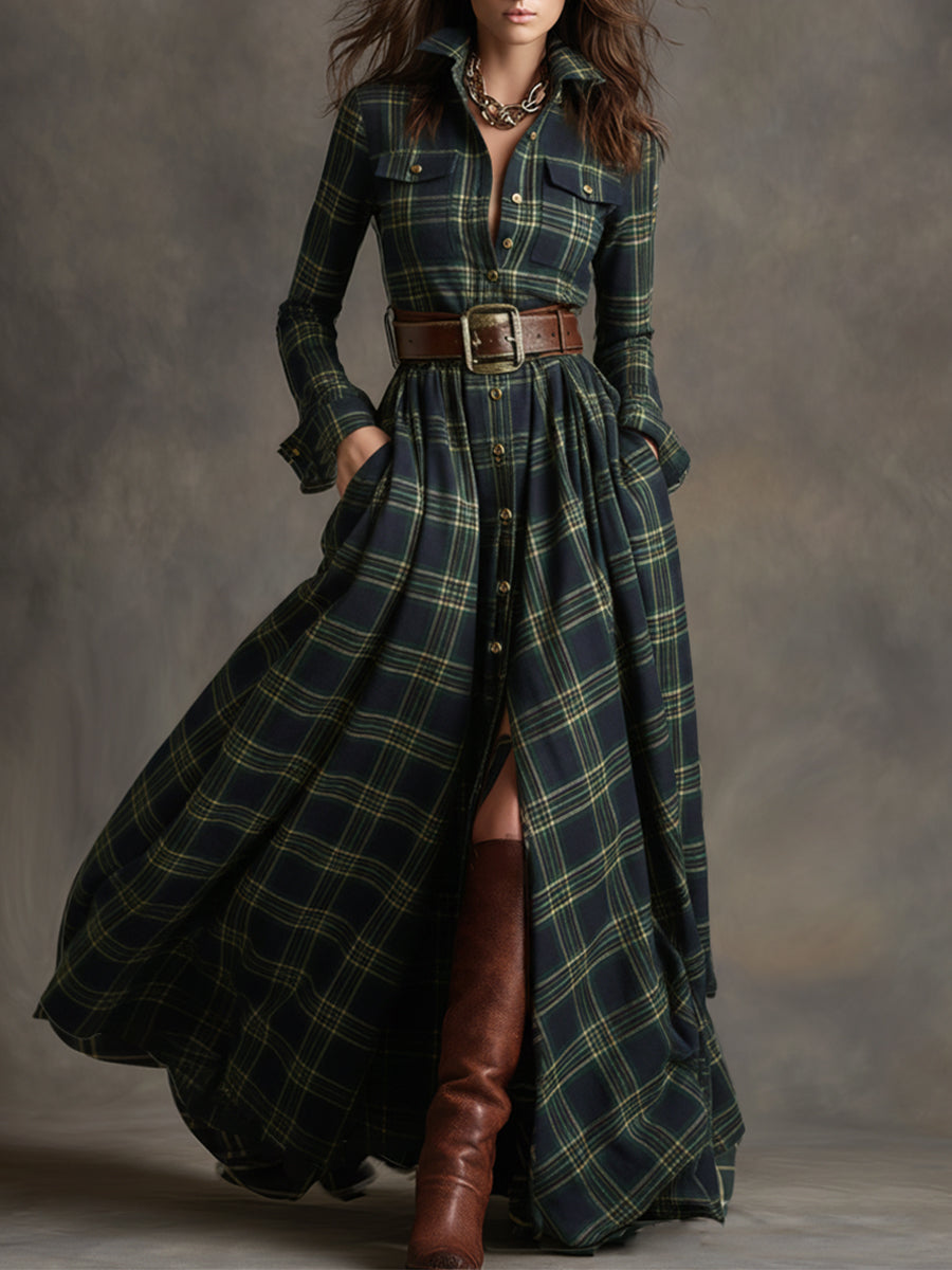 Herbst Maxikleid Damen mit Karomuster